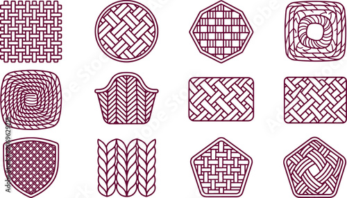 Collection of various woven patterns and textures for baskets and textiles, illustrated in a simple line style on white background
