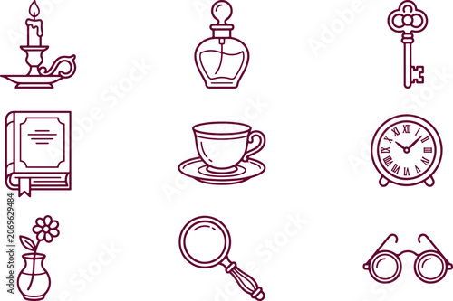 Set of classic study and home featuring a candle, perfume bottle, key, book, teacup, clock, flower vase, magnifying glass, and glasses