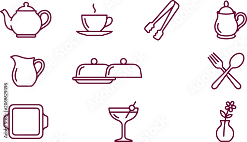 Set of dark maroon line featuring various kitchenware like teapots, cups, food covers, cutlery, and a cocktail glass