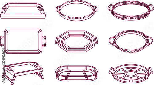 Set of maroon line tray featuring various shapes like rectangular, oval, scalloped, octagonal, breakfast, and compartment serving trays