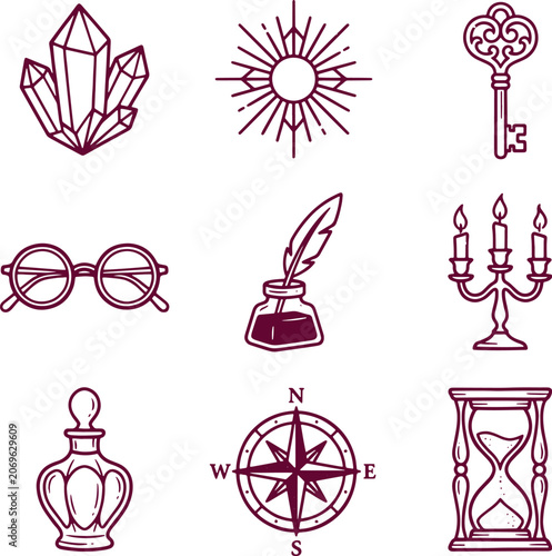 Set of mystical and vintage dark maroon line featuring crystals, sunburst, ornate keys, glasses, quill, candlestick, and compass