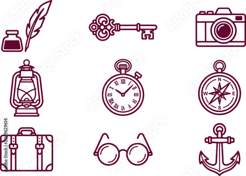 Set of travel and exploration featuring a feather pen, vintage key, camera, lantern, pocket watch, compass, suitcase, glasses, and anchor