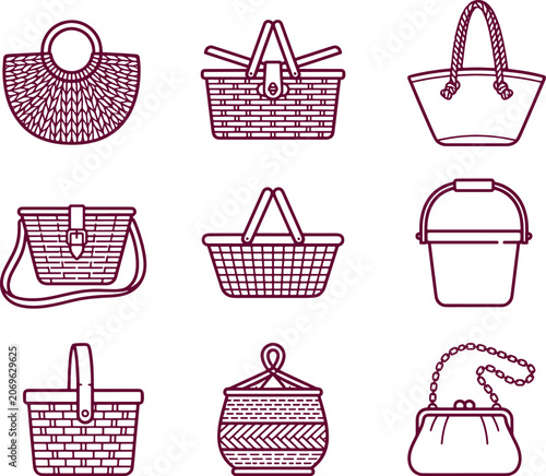 Set of various woven basket and handbag featuring different shapes, handles, and textures isolated on a white background
