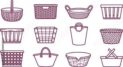Set of various woven baskets and shopping containers in a purple outline style isolated on a white background, for household organization