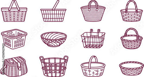 Set of various woven baskets and shopping containers in a simple purple outline style isolated on a plain white background for