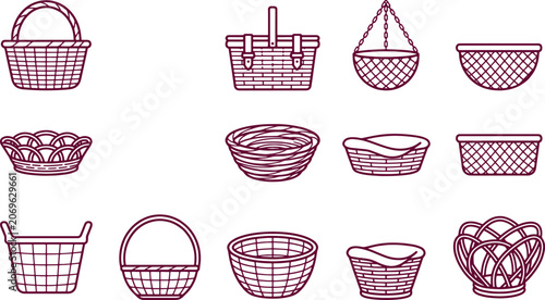 Set of various woven baskets with handles and hanging plant containers in a purple outline style isolated on a white background, for use