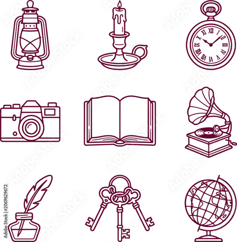Set of vintage featuring a lantern, candle, pocket watch, camera, open book, gramophone, inkwell with quill, keys, and a globe