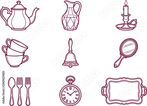 Set of vintage household and dining featuring a teapot, glass pitcher, candle, teacups, bell, hand mirror, cutlery, pocket watch, and tray