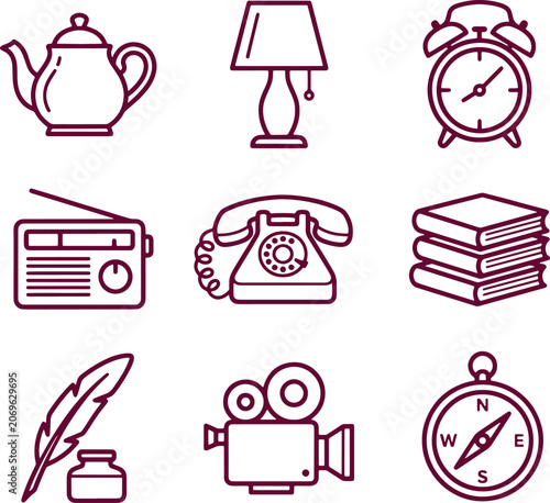 Set of vintage line including a teapot, table lamp, alarm clock, radio, rotary telephone, stack of books, quill pen, inkwell, camera, compass