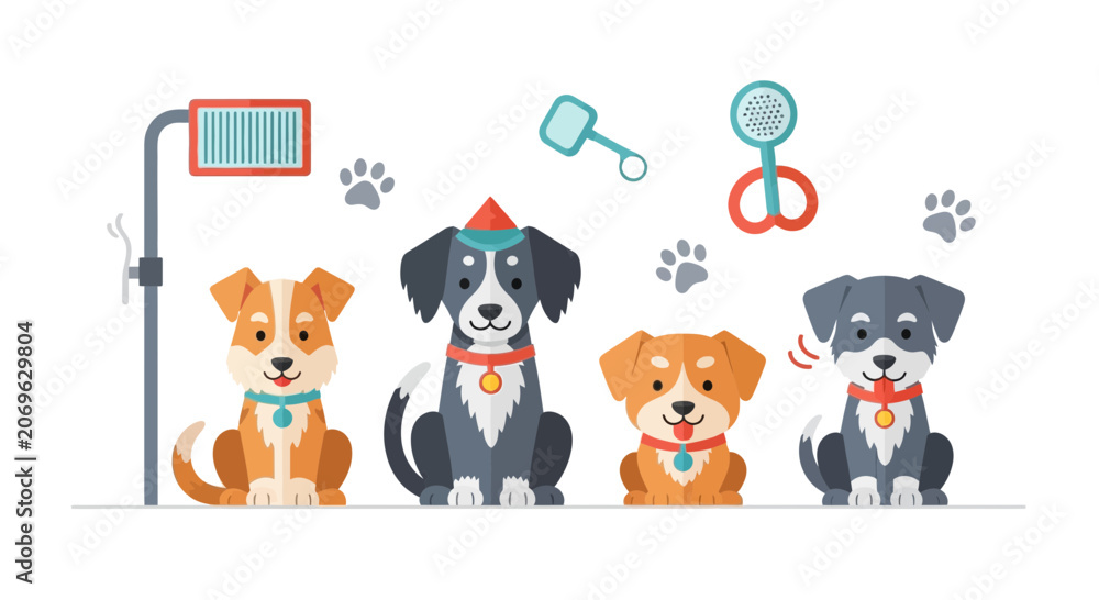 Fototapeta premium Puppy party. Vector illustration with cute dogs and accessories.