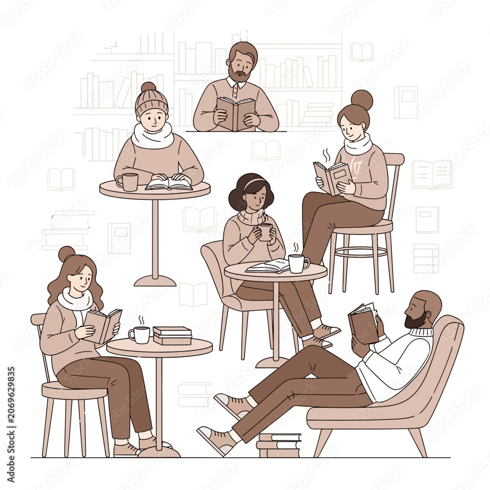 Fototapeta premium Reading Friends: Cozy Library Illustrations