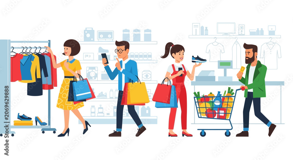 Fototapeta premium Shopping day: People shopping. Retail therapy and grocery purchasing.
