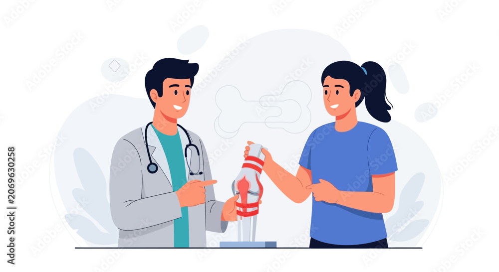 Fototapeta premium Doctor Explains Knee Joint Anatomy and Health to Patient with Model