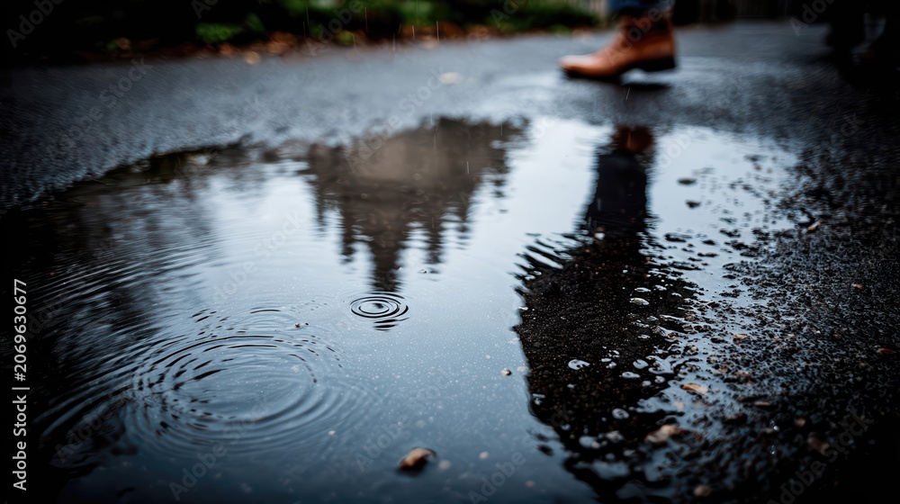 Fototapeta premium A moody rainy urban scene with reflected city silhouettes in a glossy puddle. Minimalist blue tones and ripples create an elegant, high-contrast atmosphere.