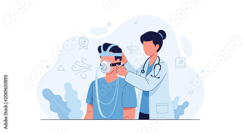 Doctor fitting CPAP mask on patient for sleep apnea treatment, medical consultation, respiratory care, vector illustration