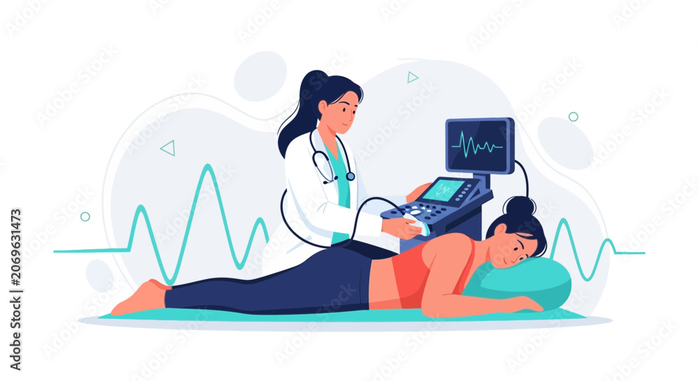 Obraz premium Doctor Performing Ultrasound Examination on Patient Lying Down, Medical Technology and Healthcare Concept