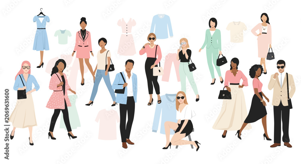 Fototapeta premium Stylish fashion collection. Diverse people, seasonal clothing flat vector.