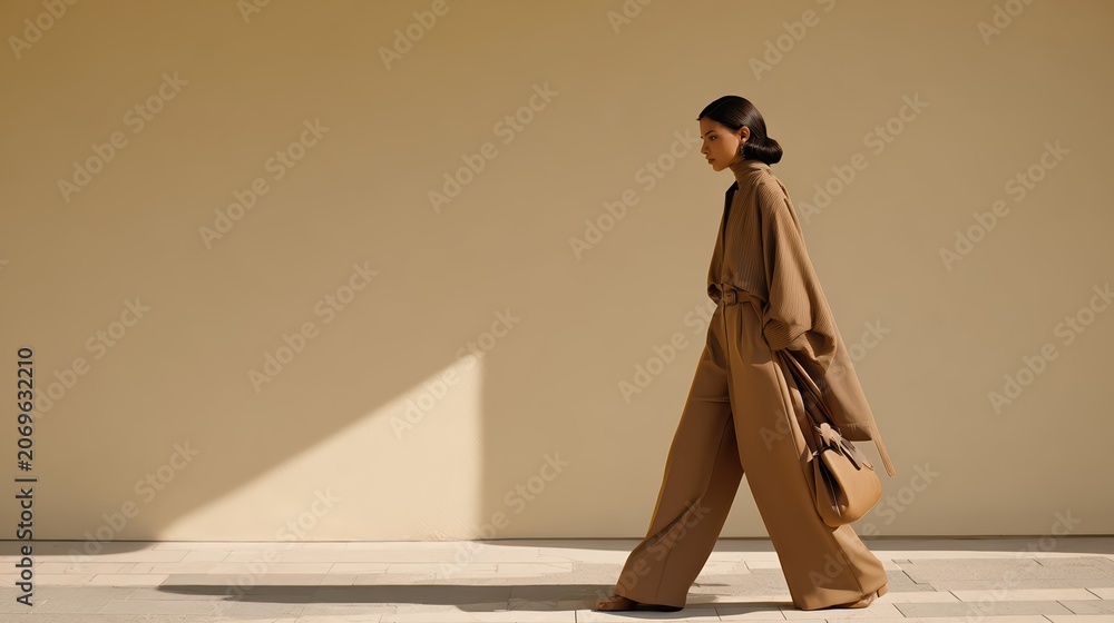 Obraz premium Elegant woman in neutral fashion walks past a minimalist wall, her flowing outfit caught in cinematic light. Dramatic shadows and oversized shopping bag evoke modern luxury style.