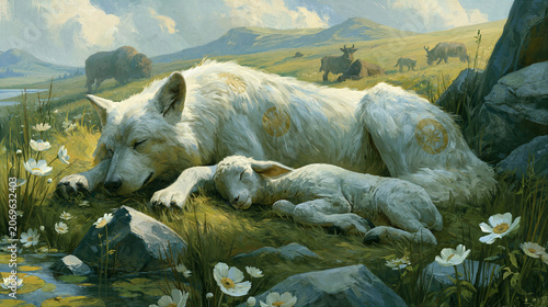 Isaiah's prophecy of the wolf living with the lamb, peaceful animal kingdom harmony, utopian nature scene.