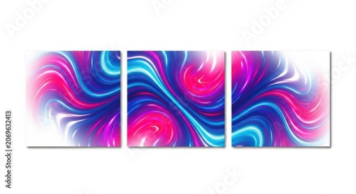Vibrant abstract art piece with swirling patterns and bright colors displayed on three panels.