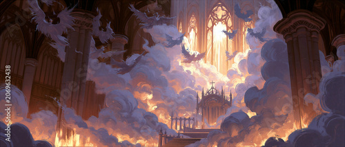 Isaiah's vision of the Lord's throne room filled with smoke, six-winged seraphim flying, radiant divine light, surreal realism.