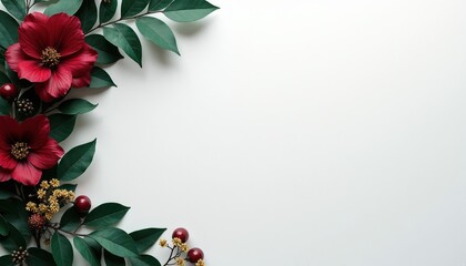 Dark red camellia flowers, green leaves form corner border on white background. Small berries, seed pods add texture, detail. Arrangement suits invitations, greeting cards, elegant decor themes.