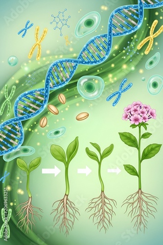 Plant growth stages and genetic modification biotechnology concept illustration