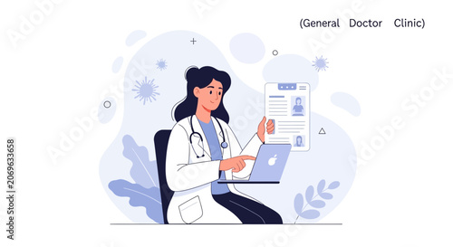 Doctor working on laptop with patient records in clinic, modern vector illustration