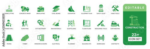 Construction set with crane concrete mixer steel beams excavator blueprint crane lifting