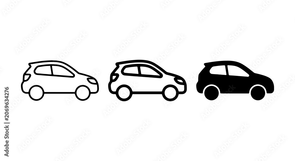 Fototapeta premium Car Icons: Compact Hatchback Vehicle Silhouettes, Black and White, Vector Graphics
