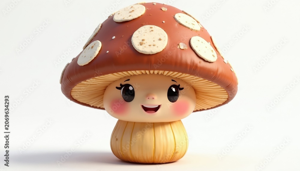Naklejka premium Happy cartoon mushroom character with brown cap and white spots isolated on white. Cheerful fungal mascot smiles with pink cheeks. Whimsical forest entity for children stories and nature themes.