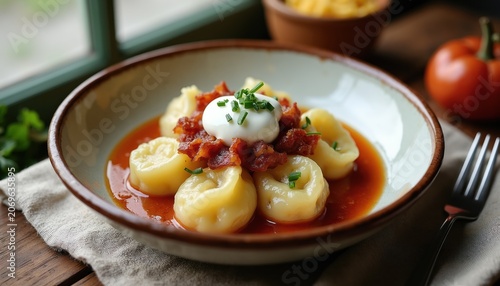 Lithuanian zeppelins cooked in rich broth. Potato dumplings served with sour cream bacon bits and chives. Delicious national dish looks appetizing.