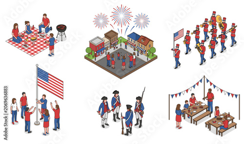 Isometric independence day vector collection. American holiday celebration with town fireworks, historical soldiers, flag hoisting, marching band and family barbecue.