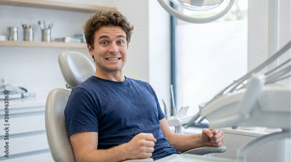 Obraz premium Young man sitting in a dental chair looking nervous and anxious with a tense expression while waiting for a dental checkup or procedure