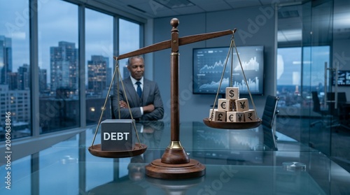 Businessman in a modern office balances scales beside debt-related financial figures and a city skyline view.
