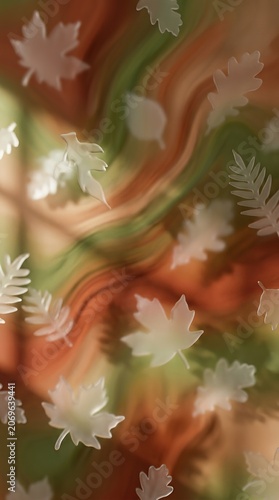Abstract autumn leaves on wavy orange and green background.