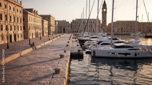 Serene Harbor Scene with Yachts and Historic Architecture at Sunset.