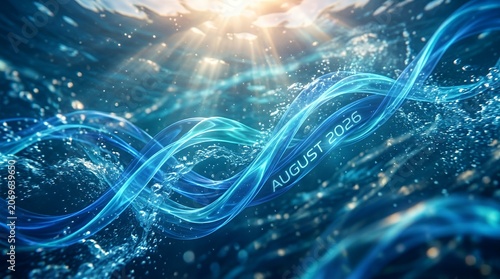 Abstract blue water waves with light and particles.