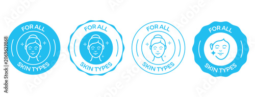 Obraz na płótnie For All Skin Types Badge Vector Icon Set, Round Cosmetic Stamp and Packaging Lab
