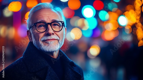 Senior man city night portrait bokeh lights