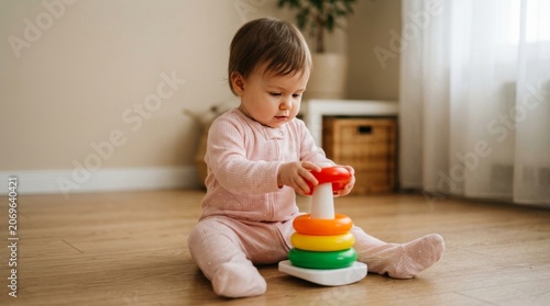 A young child plays with an educational toy. The sun is shining through a window, creating a warm atmosphere. Concept of teething period, baby care, early development, and healthy childhood life