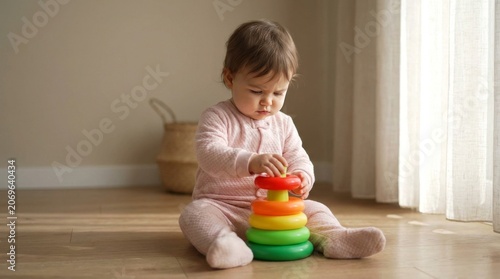 A young child plays with an educational toy. The sun is shining through a window, creating a warm atmosphere. Concept of teething period, baby care, early development, and healthy childhood life