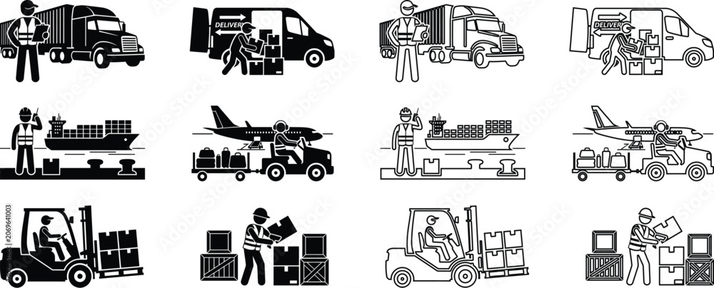 Obraz premium Transportation vehicles and workers vector icons