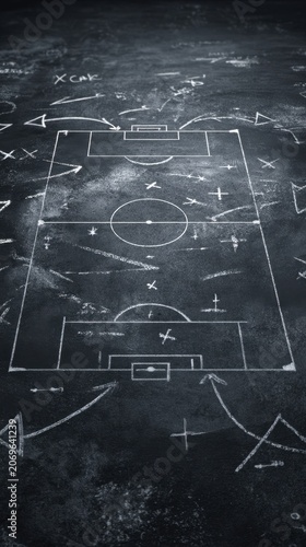 Overhead view of a strategic soccer game plan drawn with chalk on a blackboard featuring formations, arrows, and tactical markings in sports strategy session