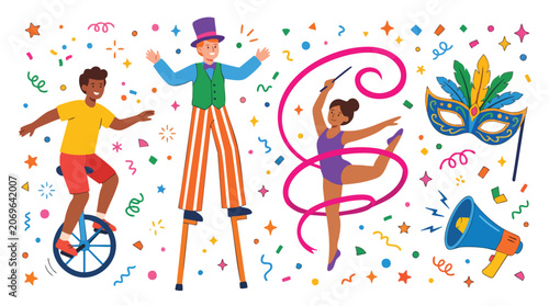 Festive Circus and Carnival Performers Set Vector Illustration