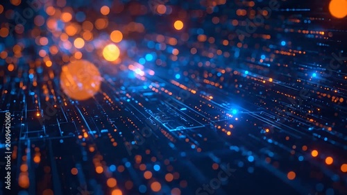 Abstract digital background with glowing orange and blue data lines and bokeh lights