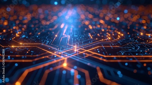 Abstract digital circuit board background with glowing blue and orange lines representing data flow and technology