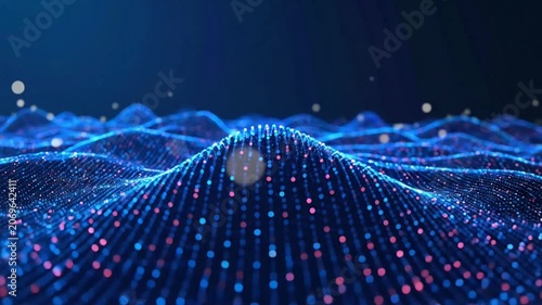 Abstract digital data wave network with glowing blue and pink particles in a futuristic virtual space