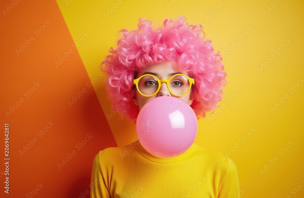 Fototapeta premium Woman with curly pink wig and yellow glasses blows large pink bubble gum bubble. She wears a yellow shirt against orange and yellow background. Face close up shot.