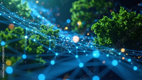 Abstract digital network connecting green foliage with glowing blue lines and yellow bokeh